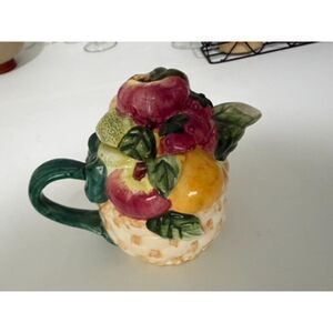 vtg. majolica fruit basket teapot with hand painted apples and leaves Young's